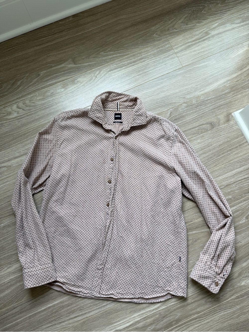 BOSS Men’s Liam Long Sleeve Dot Print Button Up Shirt 100% Cotton Tan Brown XL